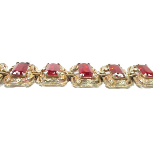 1940s Vintage Gilded Ruby Glass Link Bracelet 1940s For Sale - Image 5 of 8