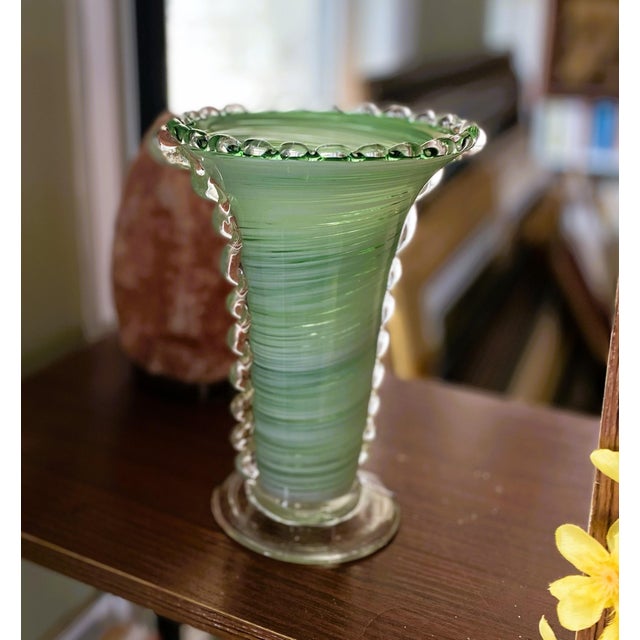 Vintage Murano Green Swirl Hand-Blown Glass Vase With Clear Rigaree Beading, Italy, C. 1980s For Sale - Image 11 of 14