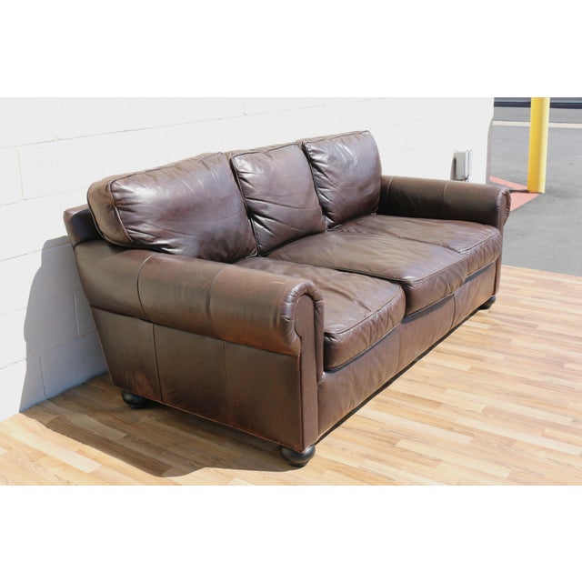Brown Restoration Hardware Brown Leather Three-Seat Sofa | Vintage Modern Down-Filled Cushions For Sale - Image 8 of 18