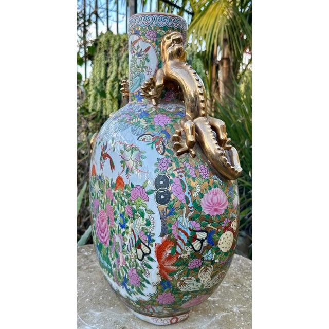 Late 19th Century Antique X-Large Chinese Famille Rose Moon Flask Gold Dragon Handles Marked 19th Century For Sale - Image 5 of 18