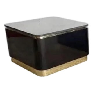 1980s Postmodern Karl Springer Style Black Lacquer Laminate, Granite & Brass Side Table For Sale