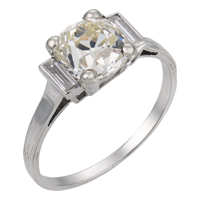1920s Art Deco Gia 2.19 Carat Diamond Platinum Engagement Ring, Size 7 For Sale