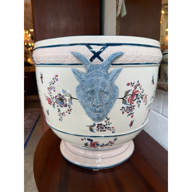 Vintage Chinoiserie Ceramic Cachepot Planter With Relief Ram Head Handles For Sale In Atlanta - Image 6 of 7