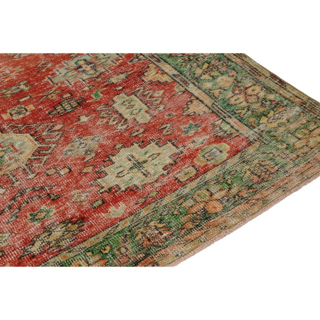1960s Vintage Distressed Rug in Red With Green and Beige Medallions, by Rug & Kilim For Sale - Image 5 of 7