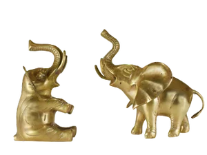 Mid 20th Century Vintage Handmade Solid Brass Trunk Up Standing Sitting Proposal Couple Elephant Statue - a Pair