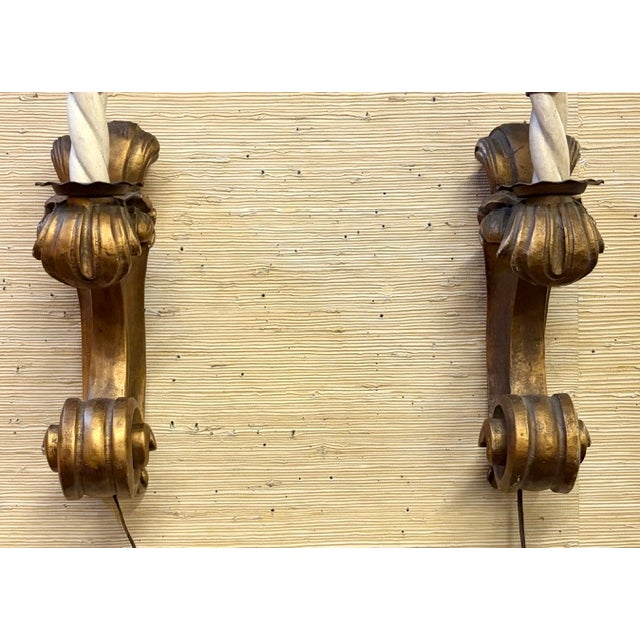 Wood Wood Giltwood Wall Sconces With Shades For Sale - Image 7 of 8