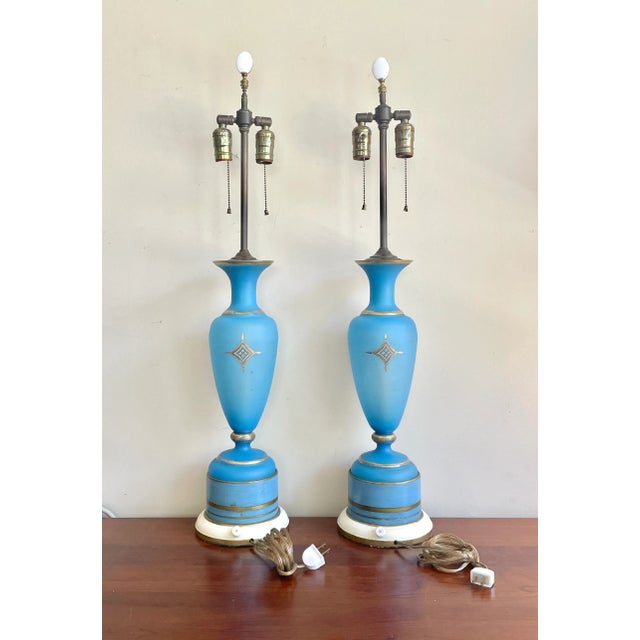 Wood Vintage French Opaline Blue & Gold Gilt Glass Table Lamps - a Pair For Sale - Image 7 of 13