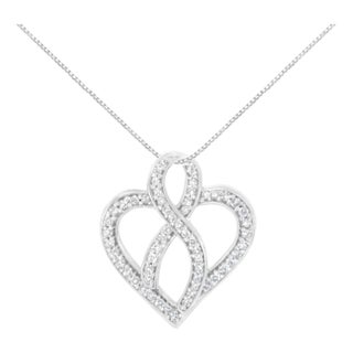 14K White Gold 1/4 cttw Round Cut Diamond Heart and Ribbon Center Pendant Necklace (H-I, I1-I2) For Sale