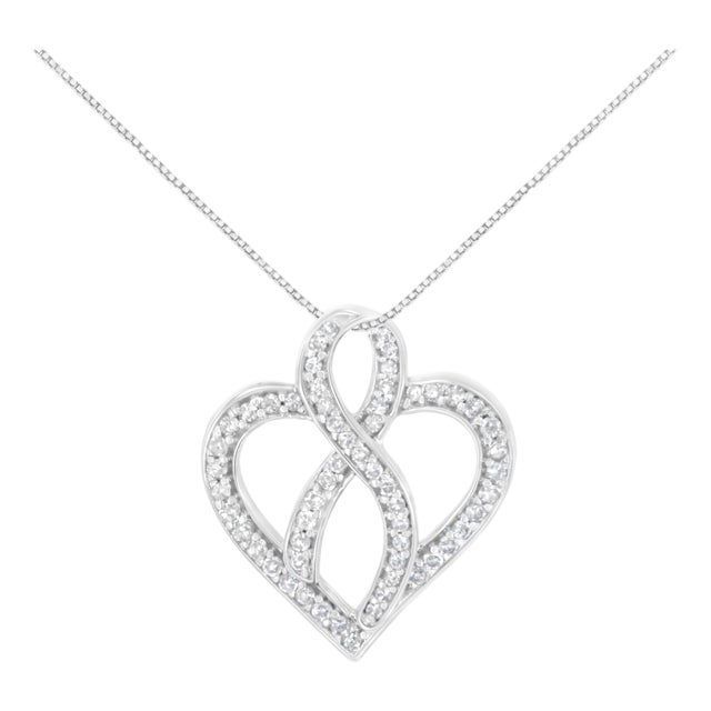 14K White Gold 1/4 cttw Round Cut Diamond Heart and Ribbon Center Pendant Necklace (H-I, I1-I2) For Sale