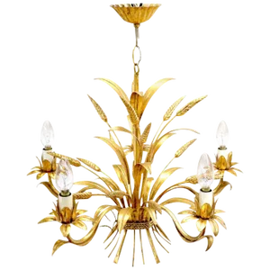 Gold Gilt Metal Cattail Sheaf Light Fixture Chandelier