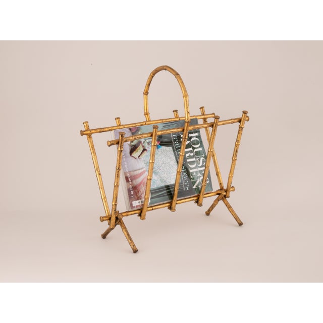1970s Mid 20th Century Faux Bamboo Gold Iron Magazine Rack For Sale - Image 5 of 7