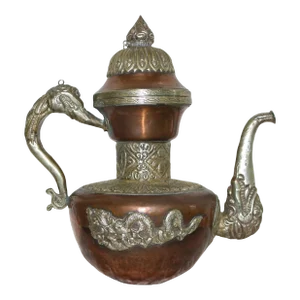 Antique 1900s Tibetan Tea Pot Ewer Copper With Silver Repose Decoration
