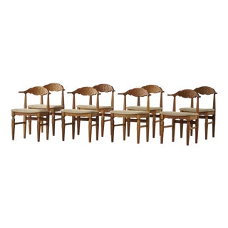 Mid-Century Modern Danish Chairs in Oak and Hessian by Henning Kjærnulf, 1950s, Set of 8 For Sale