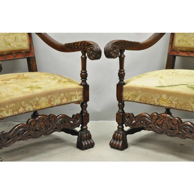 Antique French Louis XIV Style Needlepoint Tapestry Carved Walnut Arm Chair Pair For Sale - Image 15 of 18