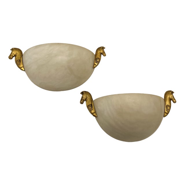 Half Dome Alabaster Wall Lights with Horse Decoration, 1960s, Set of 2 For Sale
