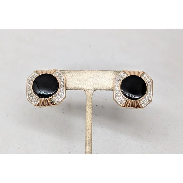 American Vintage 1980s Signed Panetta Goldtone Faux-Onyx & Pavé Clear Rhinestone Pierced Earrings-2 Pieces For Sale - Image 3 of 6