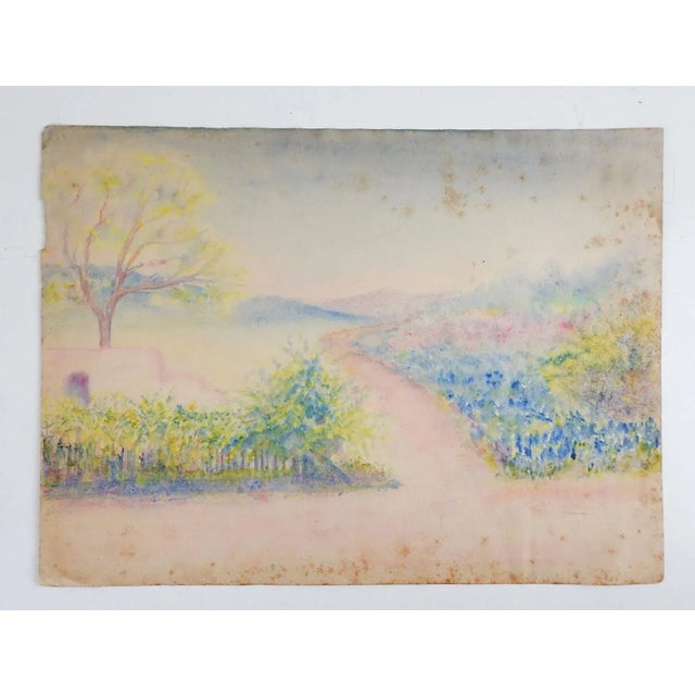 Antique circa 1910 watercolor on paper bluebonnet garden landscape painting. Unsigned. Unframed, age toning, edge wear,...