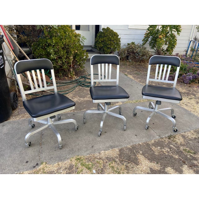 Emeco 1022 Aluminum Leather Navy Semi Upholstered Swivel Chairs Set of 3 For Sale - Image 15 of 18