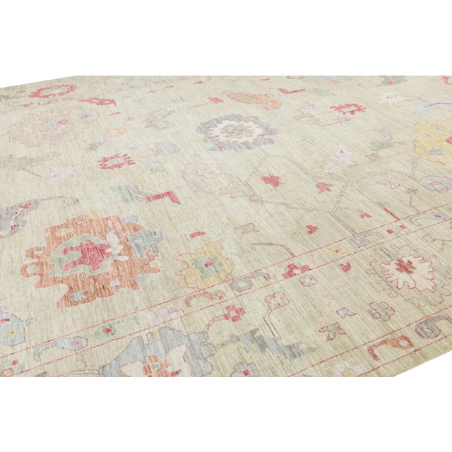 Hand-Knotted Modern Oushak Style Wool Rug – Muted Pastel Floral Transitional For Sale In New York - Image 6 of 11