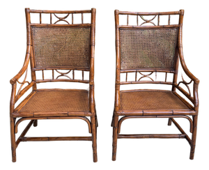 Vintage Chinoiserie Rattan Bamboo Armchairs Woven Cane Seat & Backrest 1970s