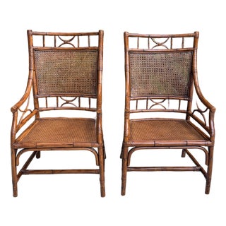 Vintage Chinoiserie Rattan Bamboo Armchairs Woven Cane Seat & Backrest 1970s Vintage For Sale