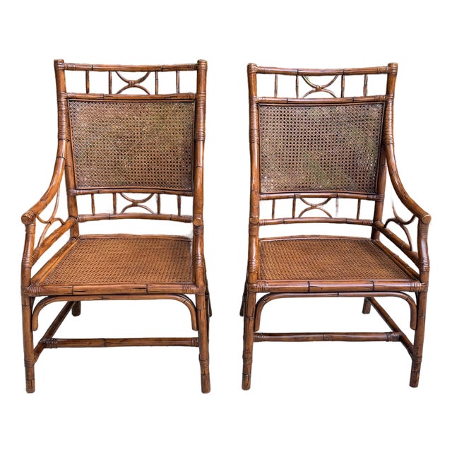 Vintage Chinoiserie Rattan Bamboo Armchairs Woven Cane Seat & Backrest 1970s Vintage For Sale