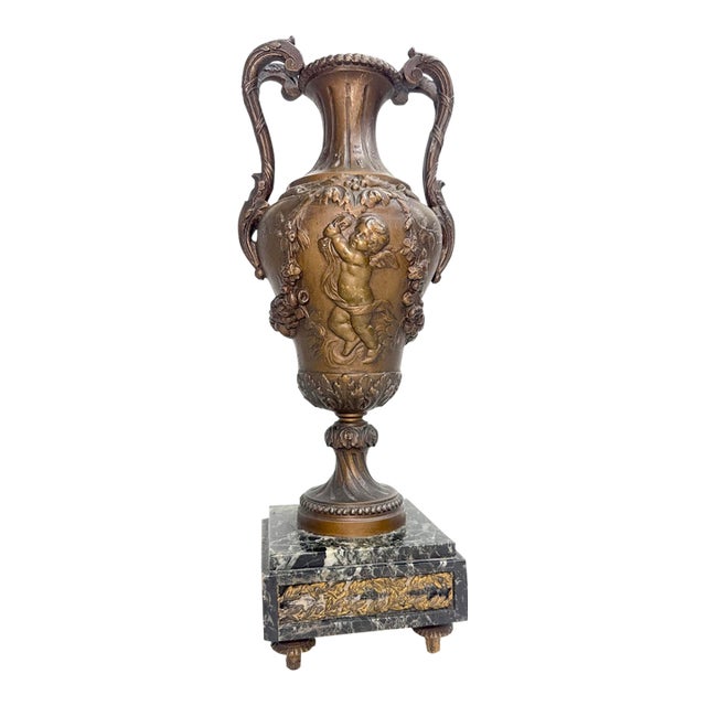 Antique Ornate Bronze Patinated Marble Victorian Ewer Mantle Garniture Vase For Sale