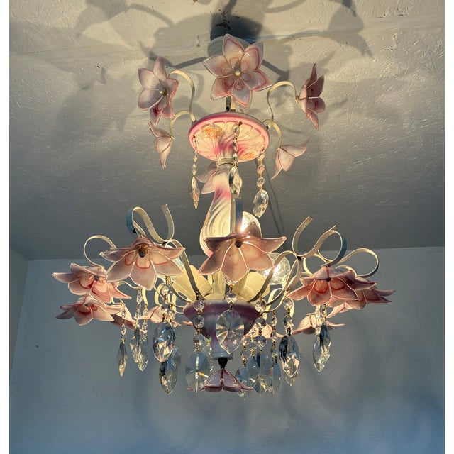 1980s Italian Murano Style Pink Floral Glass Chandelier With Crystals For Sale - Image 11 of 18