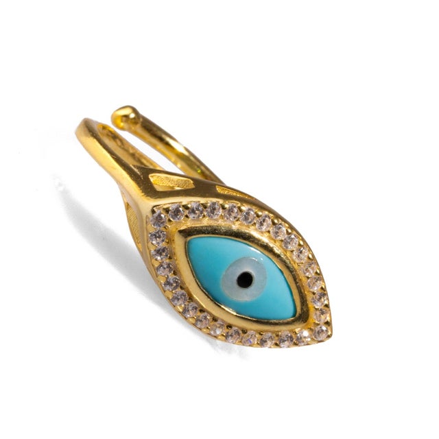 Contemporary Turquoise Evil Eye & Diamond Gold Statement Ring, Adjustable For Sale - Image 3 of 6