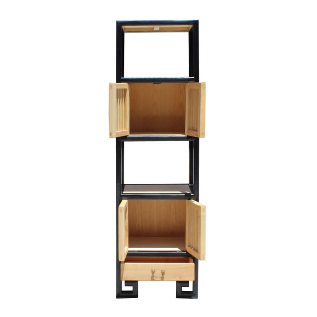 Contemporary Oriental Black Rim Natural Wood Narrow Storage Display Bookcase Cabinet For Sale - Image 3 of 7