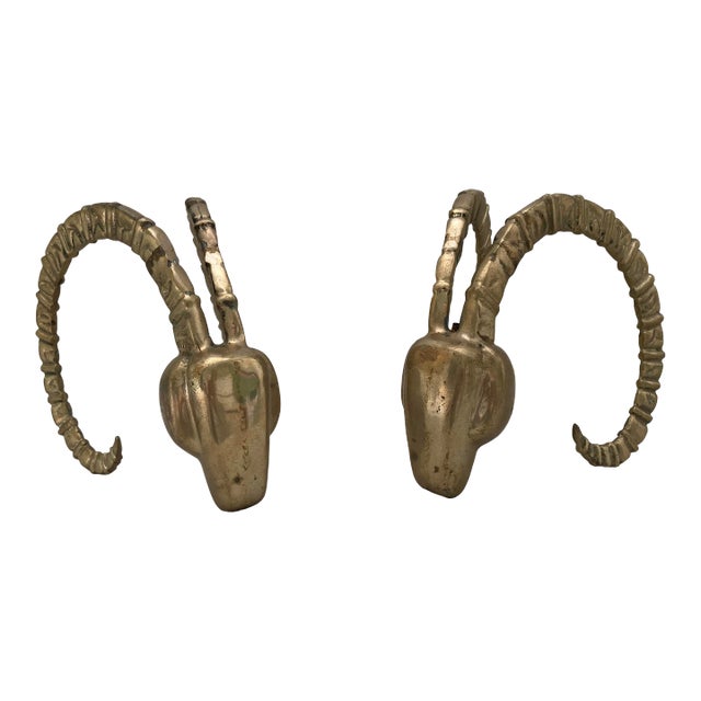 Vintage 1980s Dolbi Cashier Solid Brass Ram Head Bookend Set African Ibex Antelope - a Pair For Sale