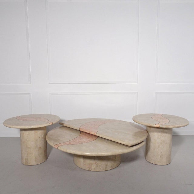 Post Modern Tessellated Stone Abstract Brass Inlay Pedestal Tables - a Pair For Sale In Tampa - Image 6 of 7