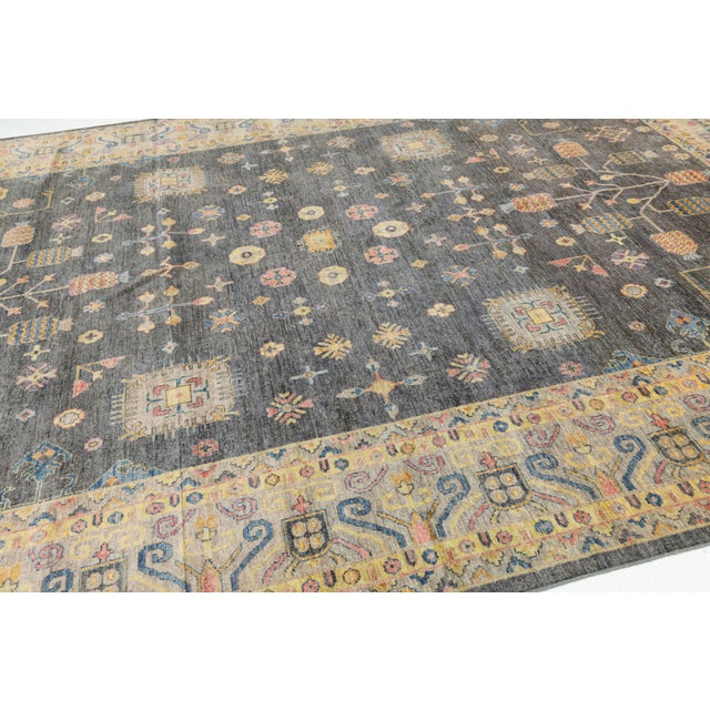 Modern Khotan Style Charcoal Grey & Gold Handmade Wool Rug 10x14 For Sale In New York - Image 6 of 12