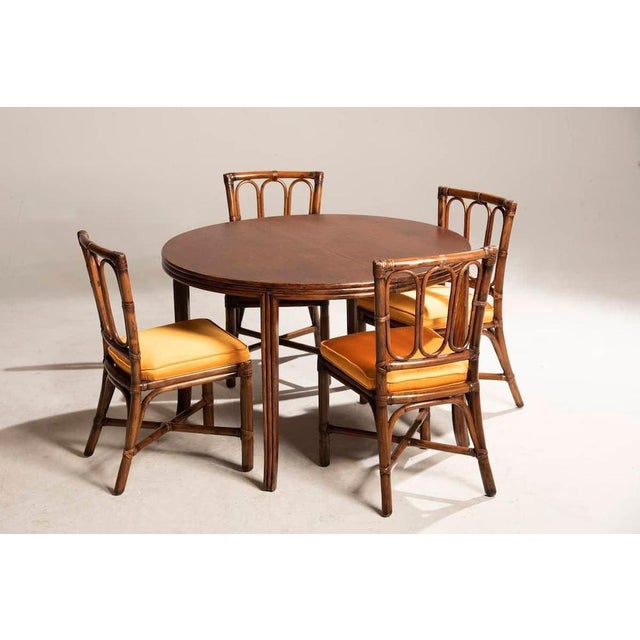 Wood Extendable Round Table and Rattan Chairs from Mc Guire, 1970s, Set of 5 For Sale - Image 3 of 18