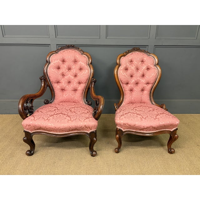 Pink Victorian Walnut Nursing Chairs, 1875, Set of 2 For Sale - Image 8 of 18