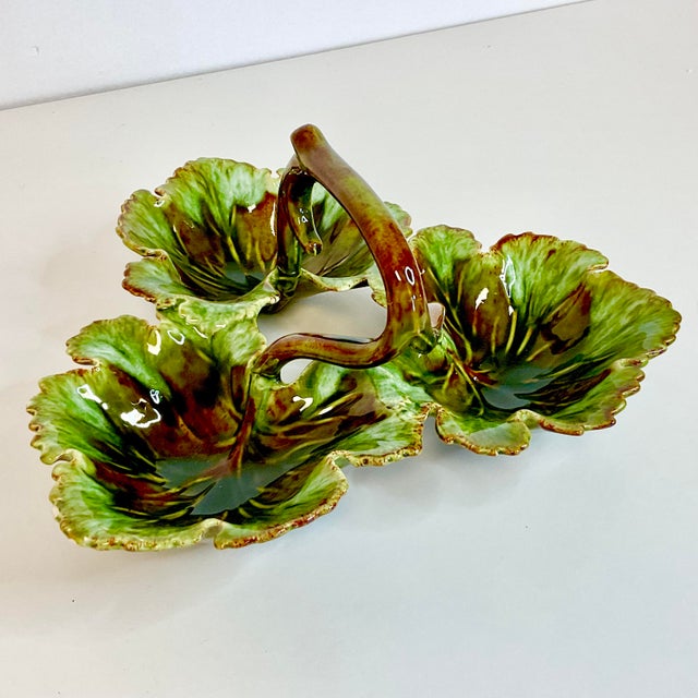 Vintage Americana Folk Art Majolica Faux Bois Leaf and Branch Relish Dish, 3 Sections. For Sale - Image 6 of 11