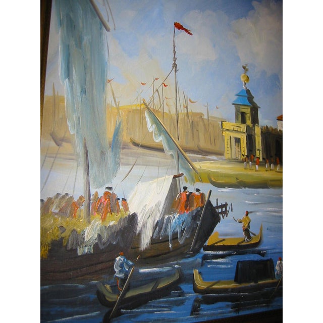 1970s Merchant in Venice Gondola Ride Signed Harris Oil on Canvas For Sale - Image 15 of 18