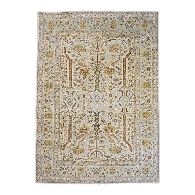 21st Century Sultanabad 10x14 Ivory, Tan, Green & Light Blue Handmade Area Rug #9902700 For Sale