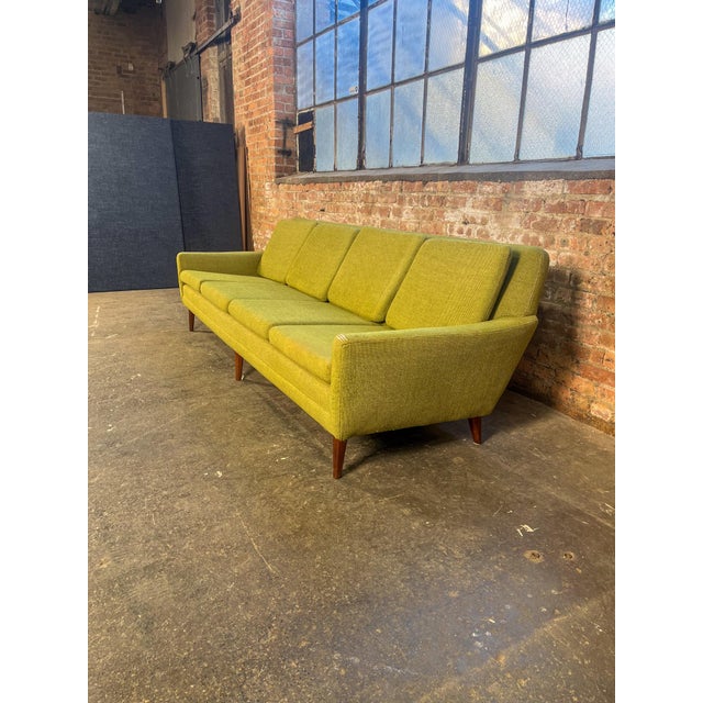 1960s Four-Seat Sofa - Mid-Century Modern, Olive Green Wool, Walnut Legs - Attributed to Vintage Dux For Sale - Image 5 of 9