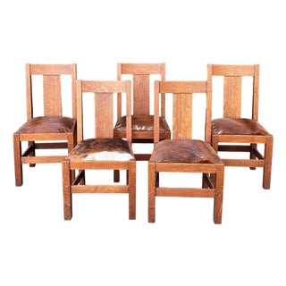 1920s Mission Oak Craftsman Set of 5 Dining Chairs For Sale