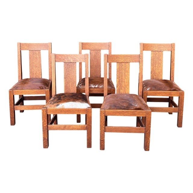 1920s Mission Oak Craftsman Set of 5 Dining Chairs For Sale