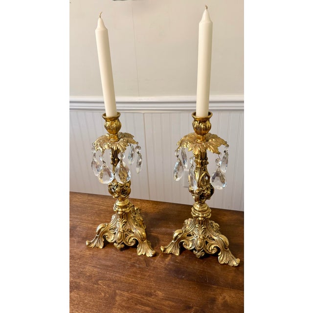 Ornate Gold Candle Holders With Crystal Prisms For Sale - Image 4 of 12
