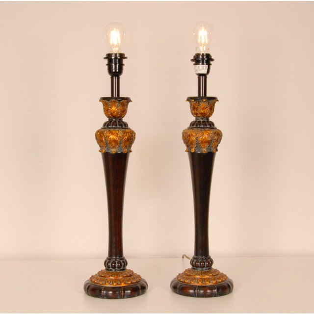 Vintage French Table Lamps Pair – Brown Gold Baroque Décor Lighting 1980s For Sale - Image 6 of 9