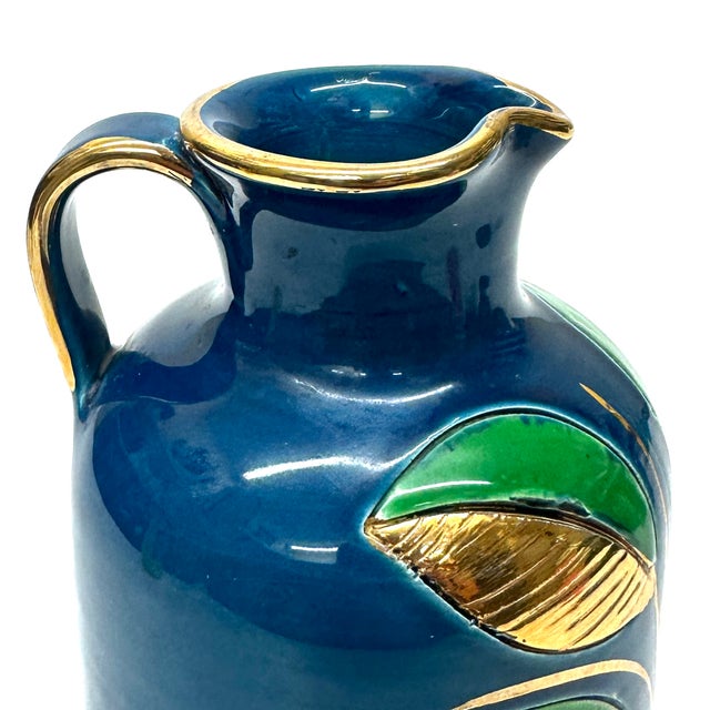 Mid 20th Century Stunning Blue Green & Gold Ceramic Pitcher With Leafy Motif by Aldo Bitossi for Rosenthal For Sale - Image 9 of 13