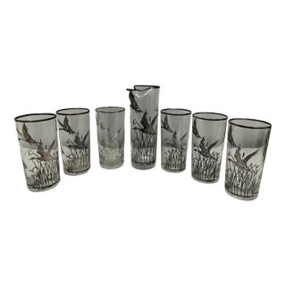 Vintage Silver Embossed Flying Duck Drinkware Set- 7 Pieces For Sale