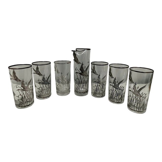 Vintage Silver Embossed Flying Duck Drinkware Set- 7 Pieces For Sale
