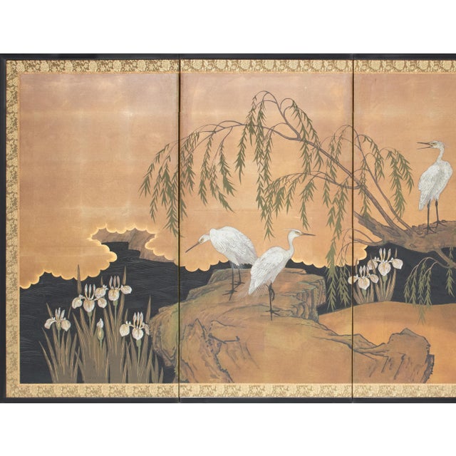 Lovely Japanese painted 4-panel byobu (folding screen) "Willow and White Herons" by Yukiga. Signed and sealed by the...