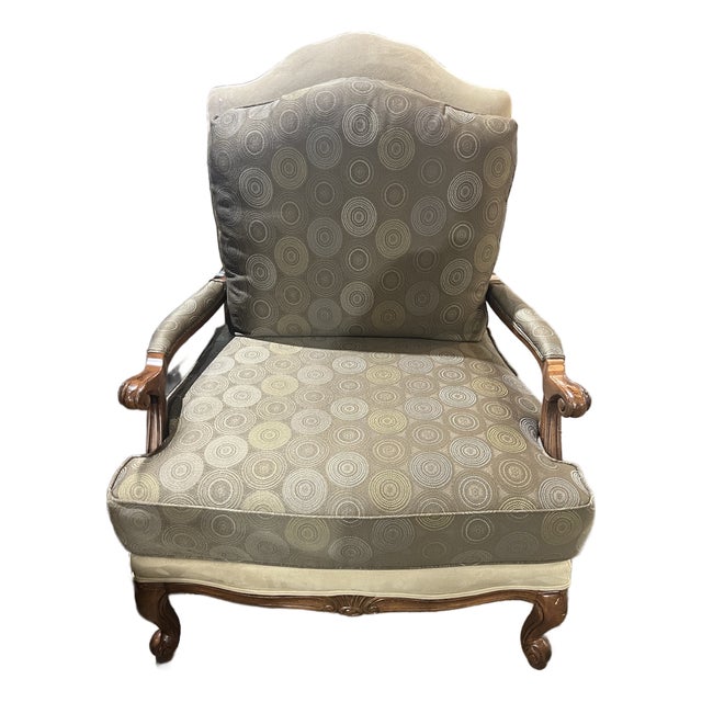 Late 20th Century Ethan Allen Green and Gold Custom Fabric and Wood Bergere Chair For Sale