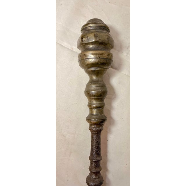 Metal Antique 18th Century Wrought Iron Turned Brass English Fireplace Tongs Tool 27 For Sale - Image 7 of 11
