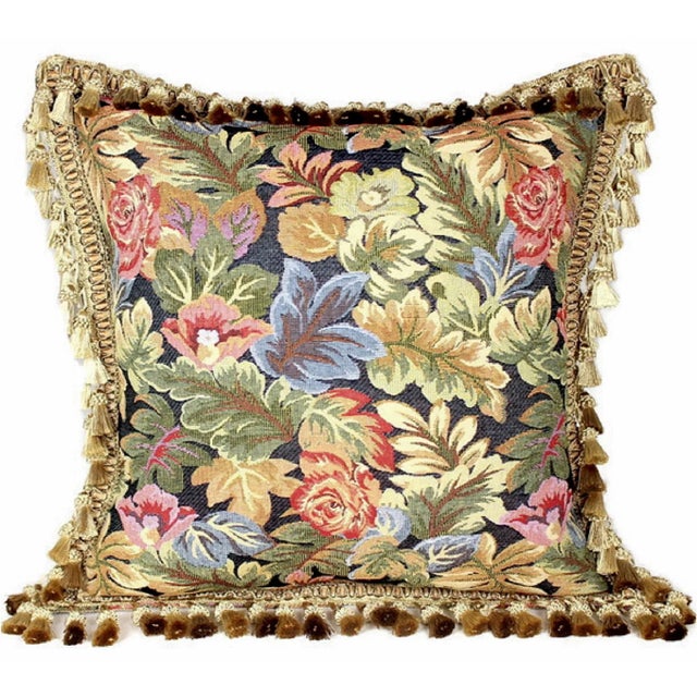 Antique French Aubusson Handwoven Needlepoint Floral Pillow Cover With Antique Tassel Fringe For Sale - Image 13 of 13